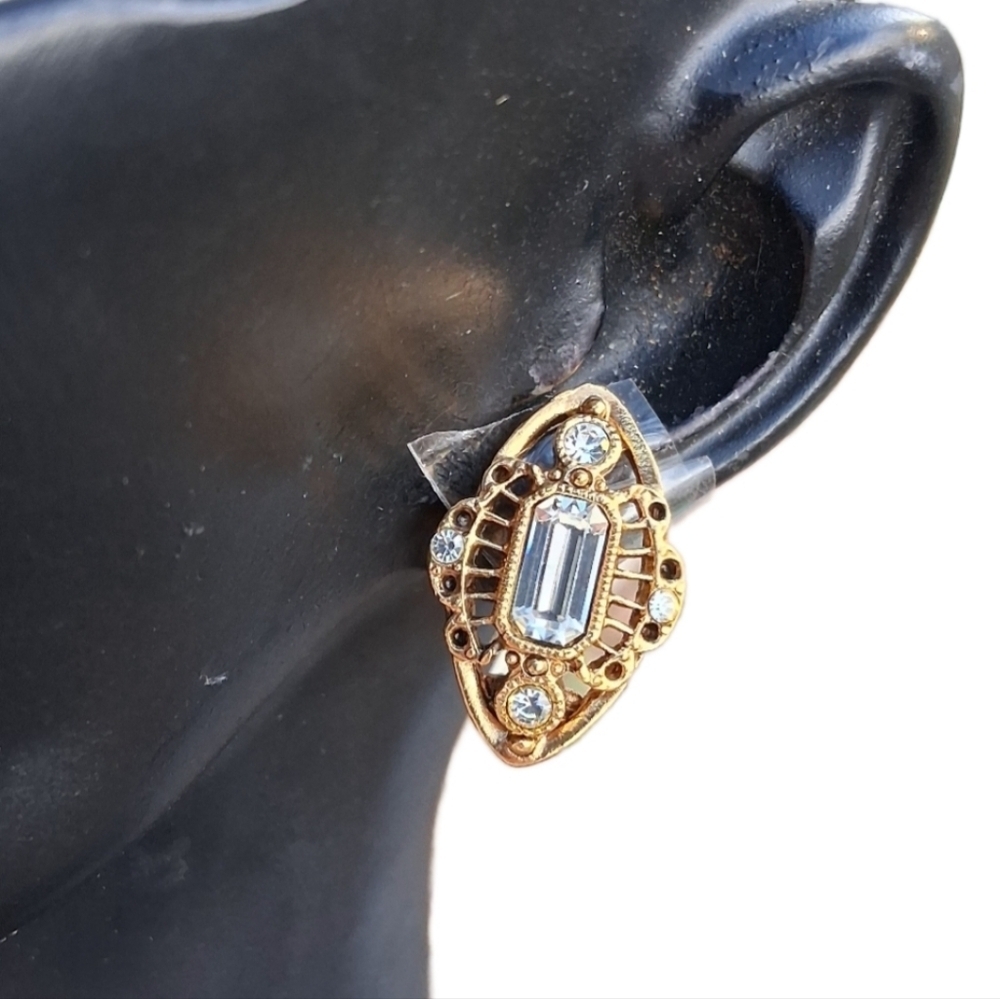 ​💎 1928 Collection Gold Tone Art Deco/Revival Clip Earrings | Baguette Stone